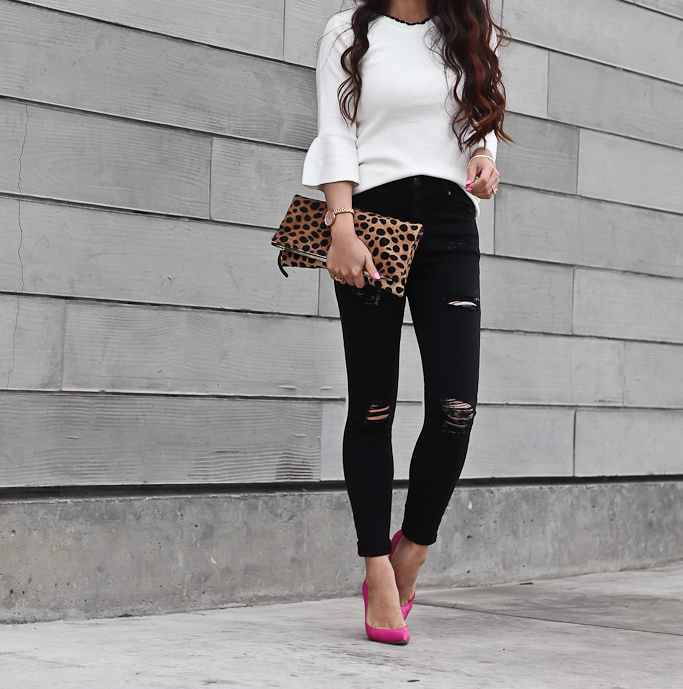 Clare V leopard foldover clutch, Kate Spade lottie pink pumps, Topshop petite ripped high waist black jeans, Topshop scallop neck fluted sweater