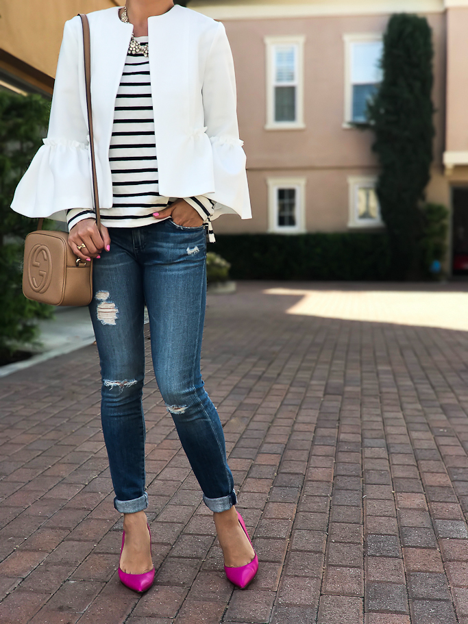 AG distressed super skinny jeans, Gucci soho disco leather bag, Kate Spade lottie pink pumps, striped shirt, Topshop ruffle crop jacket
