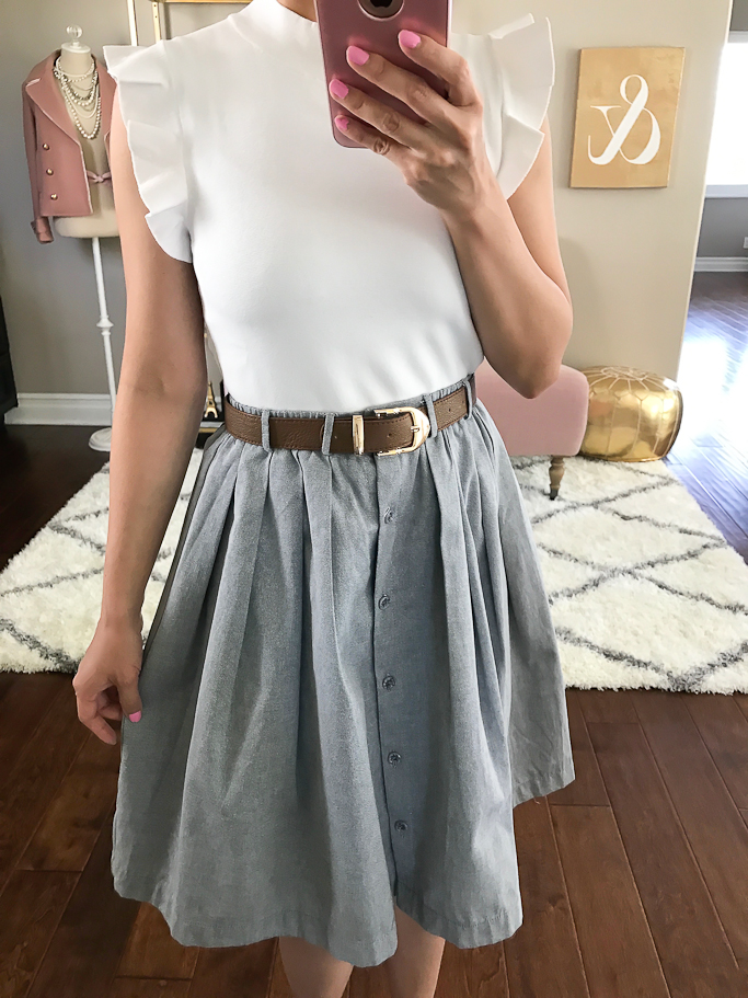 modcloth chambray skirt ann taylor flutter sleeve top summer outfit