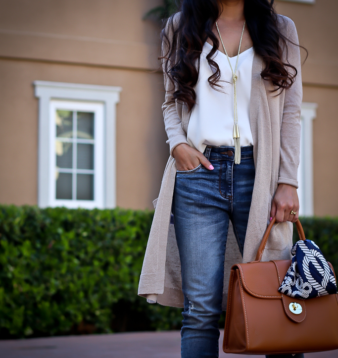 BP. ripped step hem skinny jeans, Halogen LONG LINEN BLEND CARDIGAN, Kendra Scott Phara Necklace In Gold, Talbots ANCHORS AWAY SILK SCARF, Talbots TOP-HANDLE PEBBLED LEATHER SATCHEL, Tophop Rouleau Swing Camisole