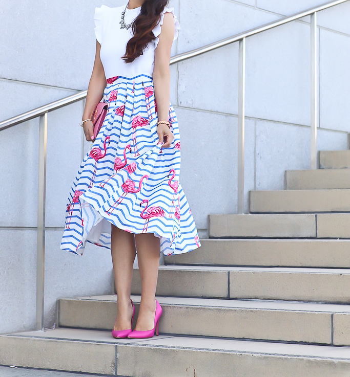flamingo skirt pink pumps spring outfit pink YSL clutch
