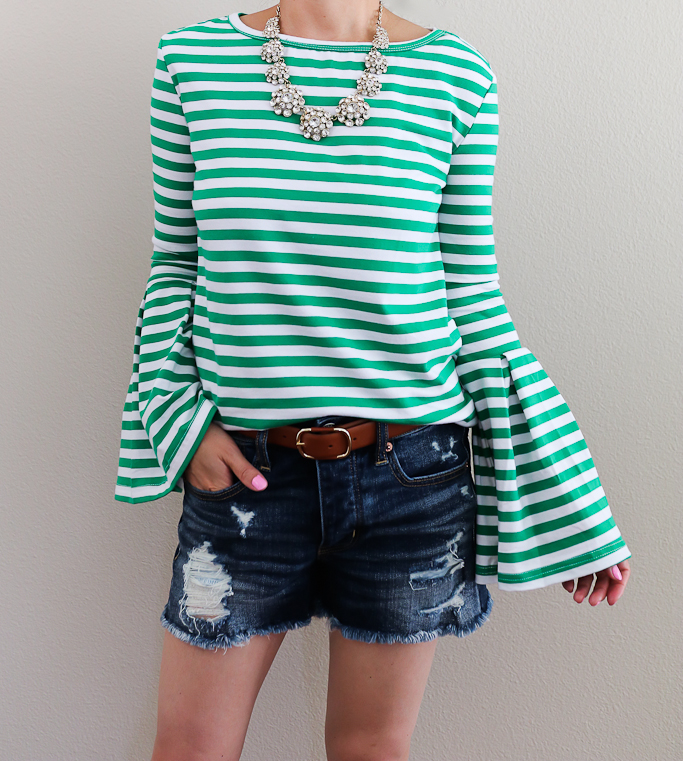 American Eagle tomgirl distressed denim shorts, Green striped bell sleeve top