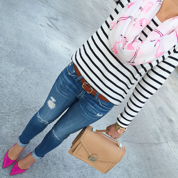 Sole Society flamingo scarf, Ann Taylor striped boatneck tee, AG distressed super skinny jeans, Kate Spade lottie pumps