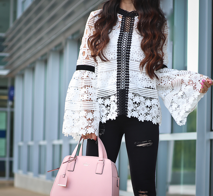 Chicwish AMIABLE BLOSSOMS CROCHET TOP WITH BELL SLEEVES, Kate Spade cameron street little babe, Topshop black distressed petite jeans