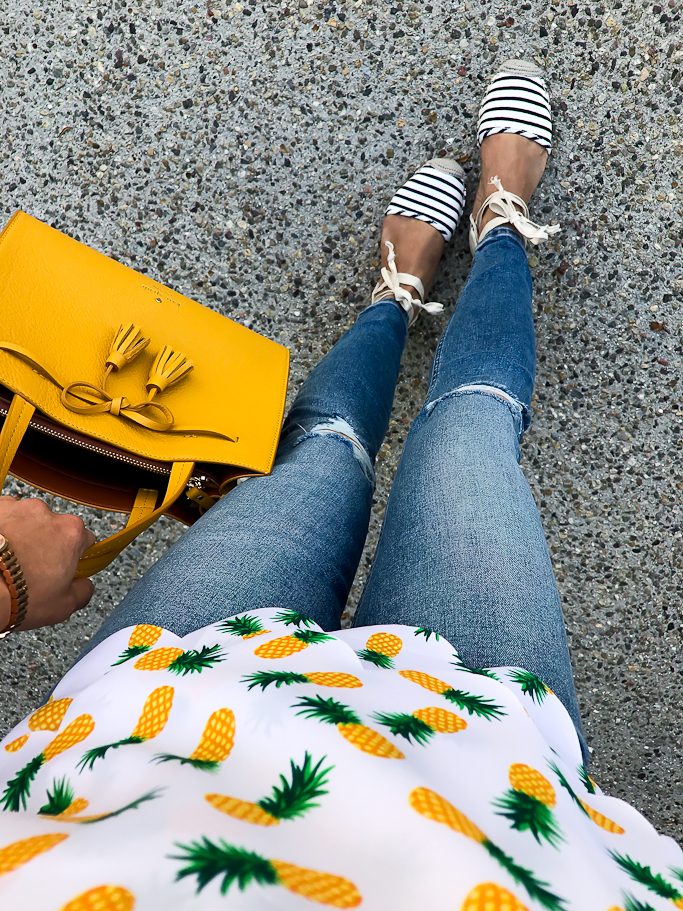 pineapple scalloped top striped espadrilles mustard bow purse