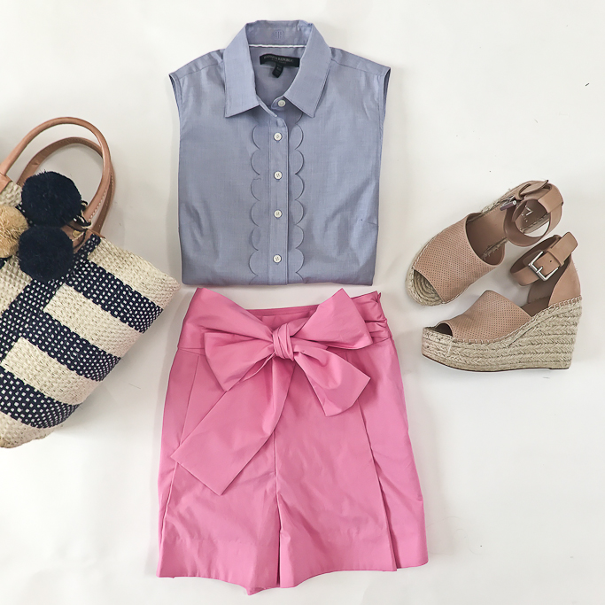 J.Crew pink bow tie waist shorts, Mar y sol striped woven straw tote, Banana Republic scalloped riley shirt, Marc Fisher wedge sandals