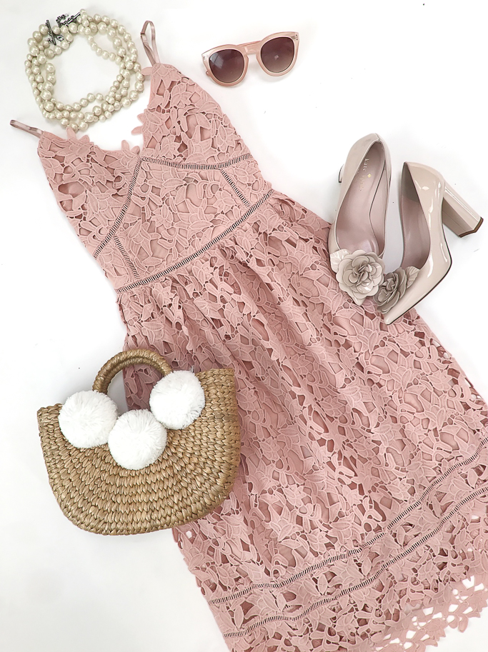 Pink hollow crochet lace dress, JADEtribe pom pom tote