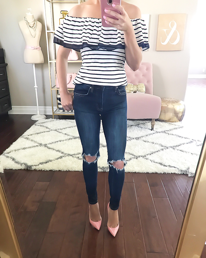 stripe off the shoulder top free people jeans pink louboutin pumps