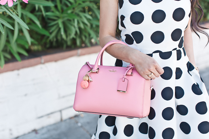 dressy outfit polka dot dress kate spade pink purse