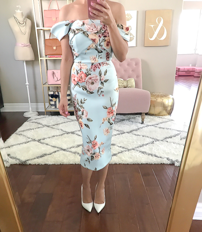 summer wedding outfit idea, floral bardot off the shoulder dress