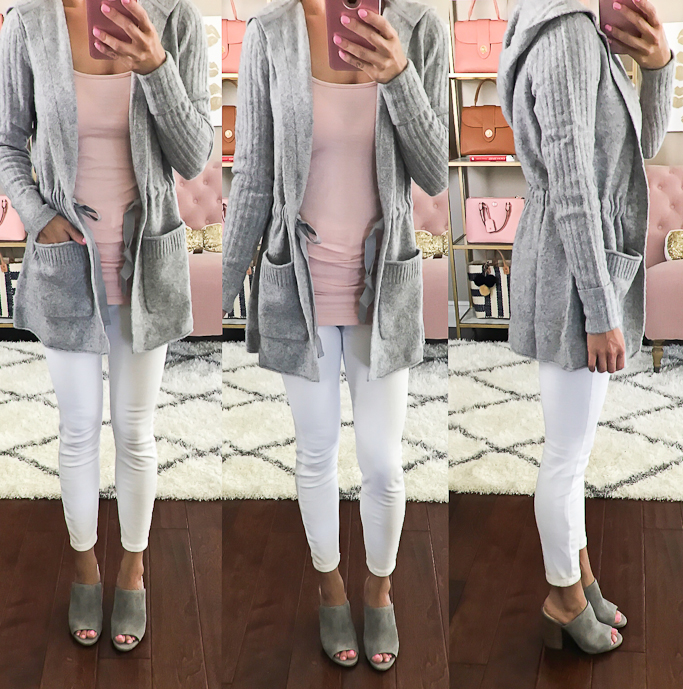 gray mule slides, hooded cardigan, casual friday outfit