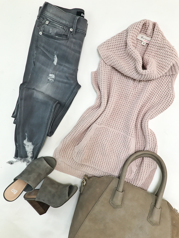 gray distressed jeans pink turtleneck sweater 