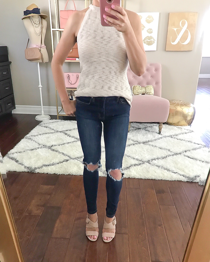halter top sweater distressed jeans nude sandals casual summer outfit