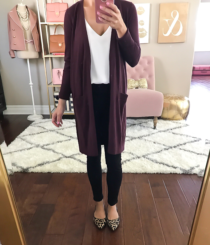 Halogen long open front burgundy cardigan, business casual outfit