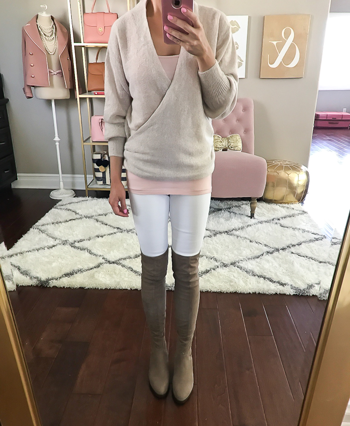 Leith Wrap Front Sweater, OTK boots, white jeans