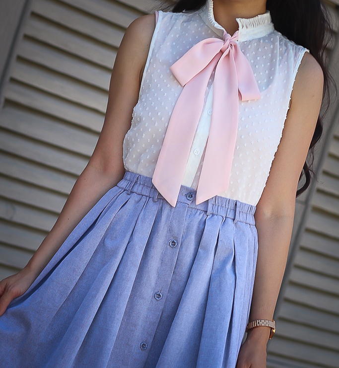 chambray skirt tie neck button up work outfit