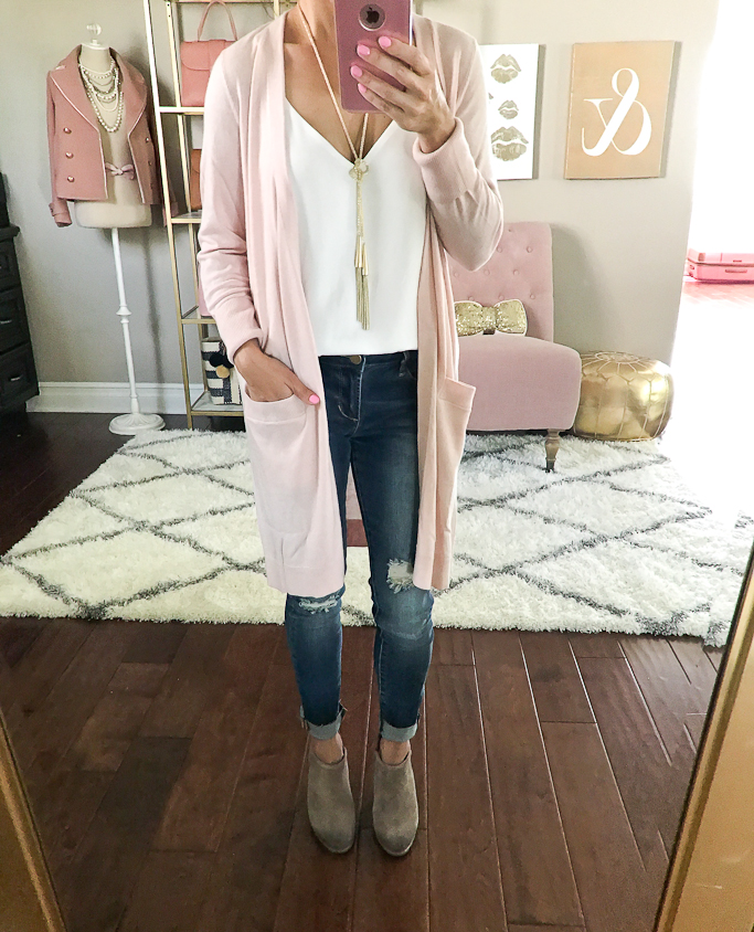 long cardigan with camisole and distressed jeans