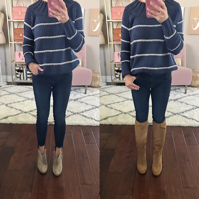 navy striped sweater, skinny jeans, fall outfit