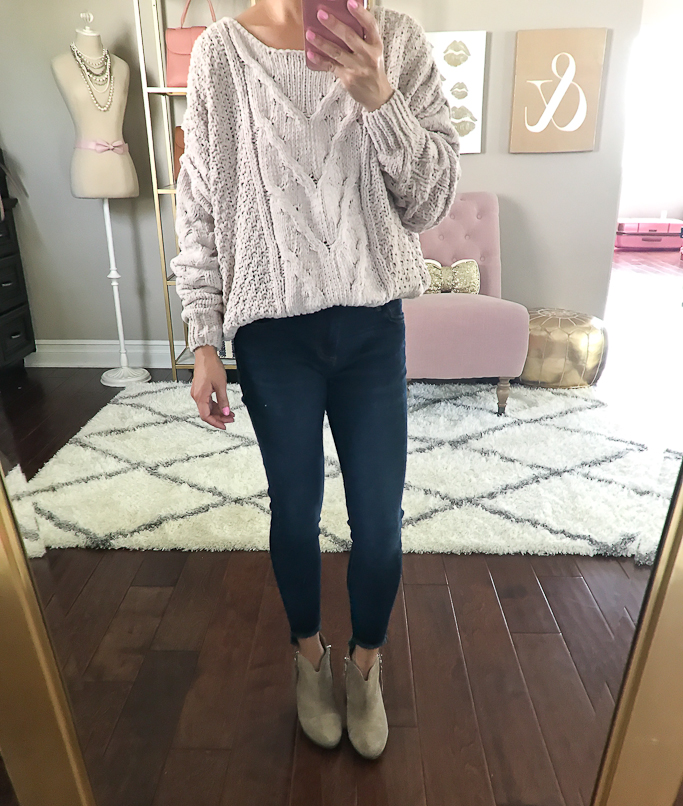chunky knit sweater with skinny jeans and ankle boots, casual weekend outfit