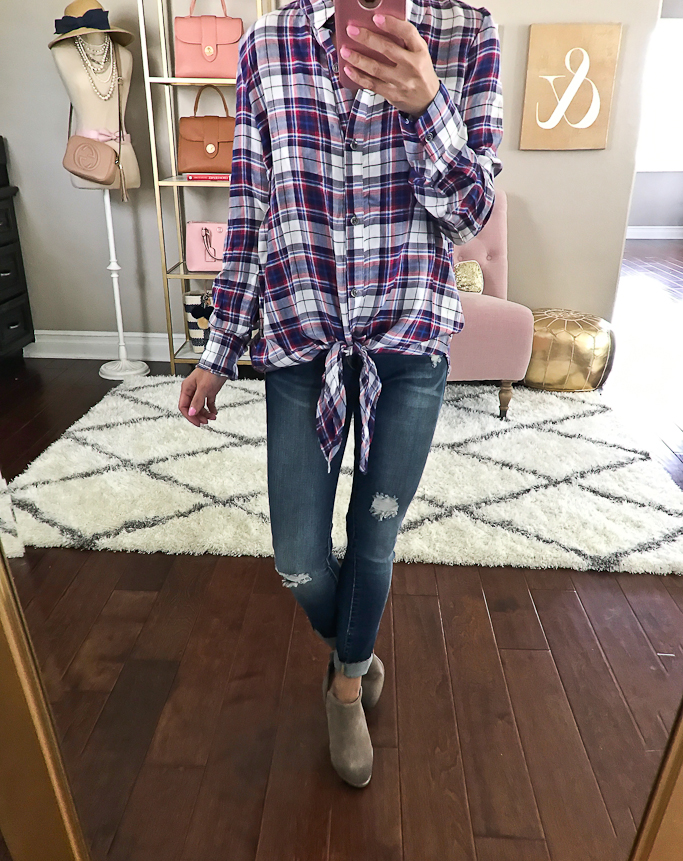 plaid shirt distressed denim ankle booties fall outfit
