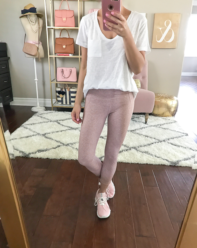pink work out pants white pocket tee pink new balance sneakers