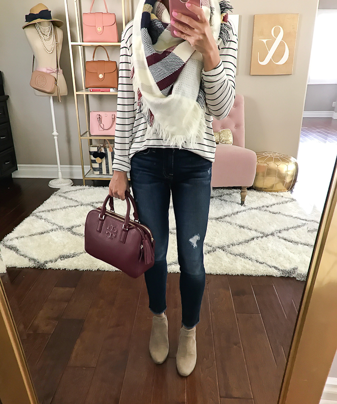 striped pocket tee plaid blanket scarf casual fall outfit