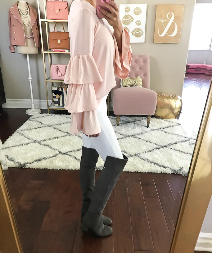 fall outfit idea, over the knee boots, white jeans