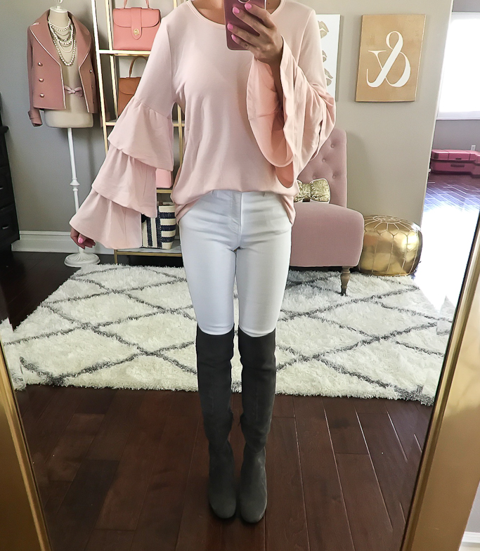fall outfit idea, over the knee boots, white jeans