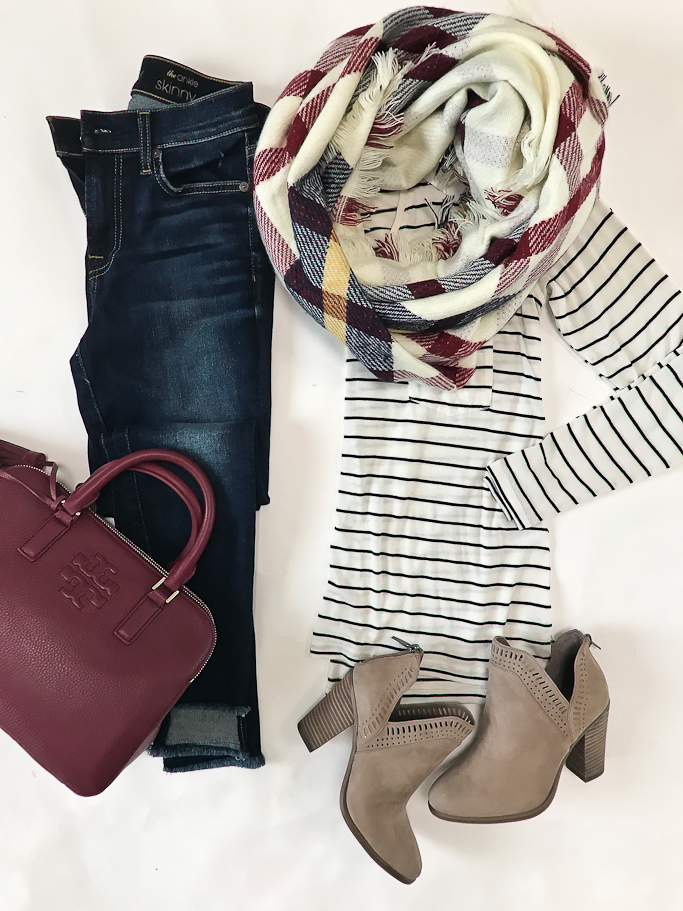 casual fall outfit striped tee plaid blanket scarf