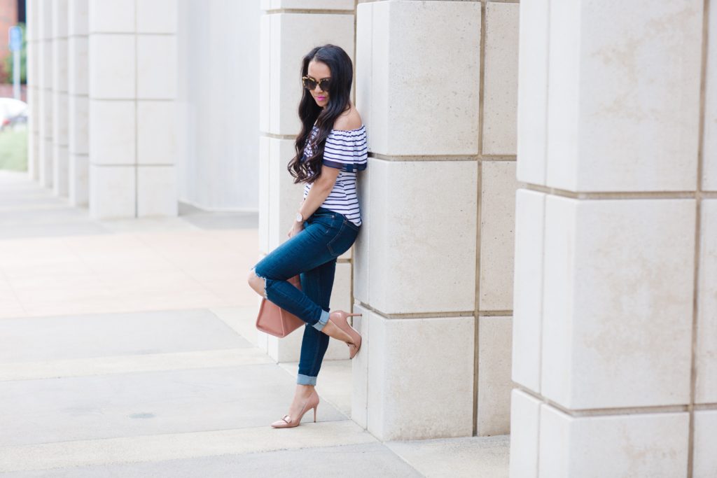 Casual summer outfit, striped off the shoulder top, pink bow pumps