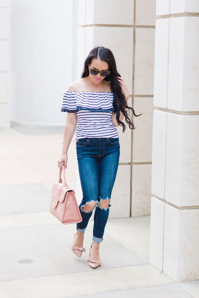 White house black market striped off the shoulder top, Free People jeans, Talbots top handle pebbled leather satchel