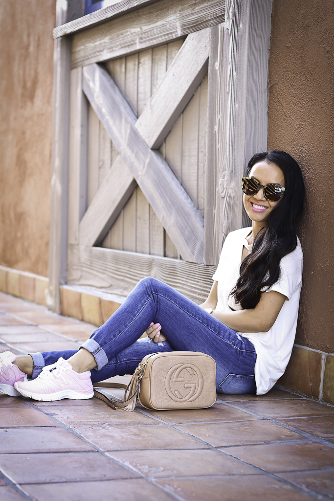 baby pink sneakers outfit