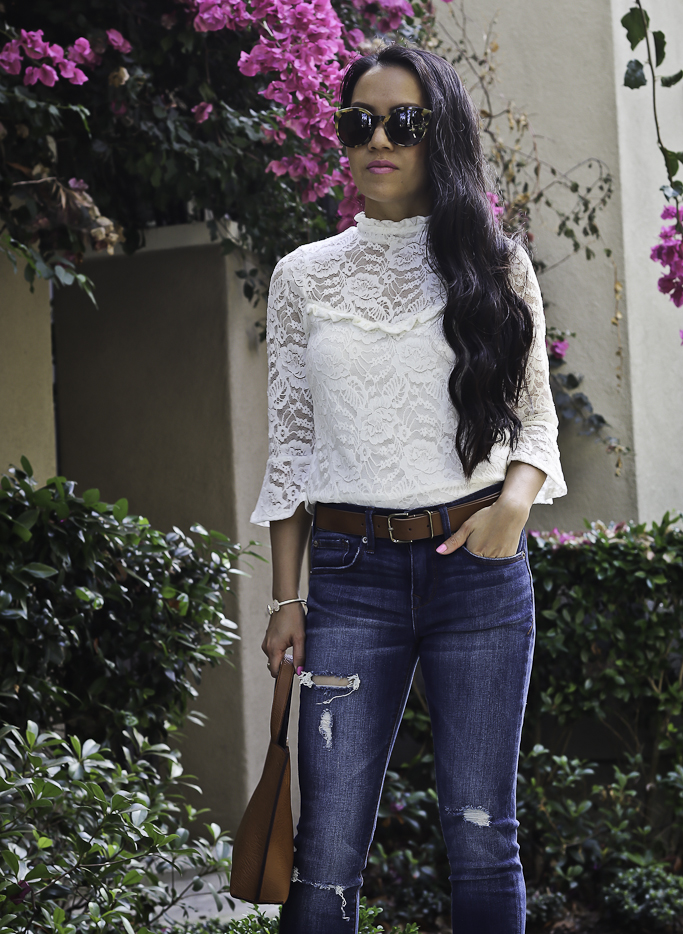 lace bell sleeve top distressed jeans casual outfit