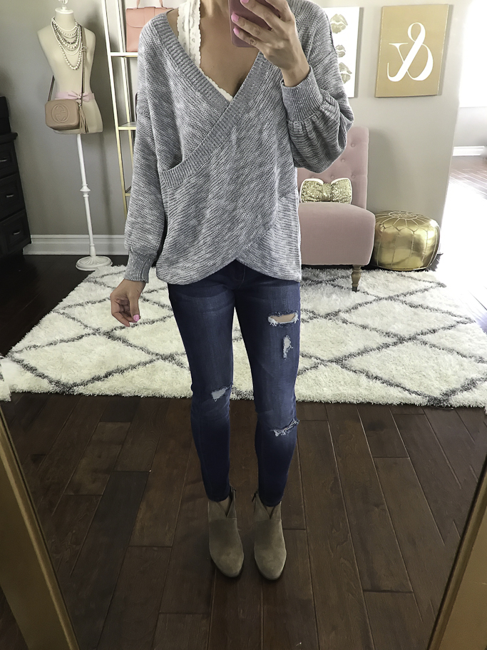 gray wrap sweater fall outfit lace bralette ankle booties