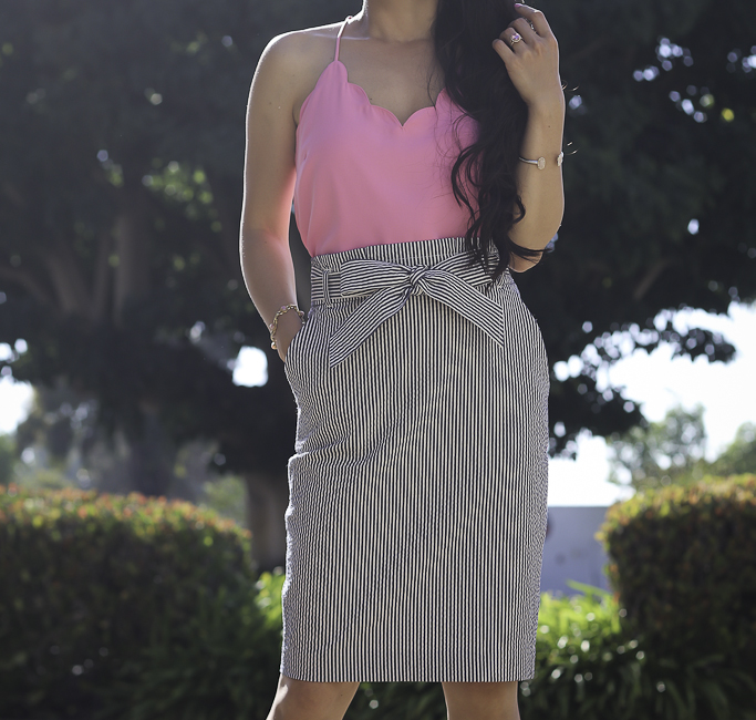 scalloped cami seersucker striped pencil skirt spring work outfit idea