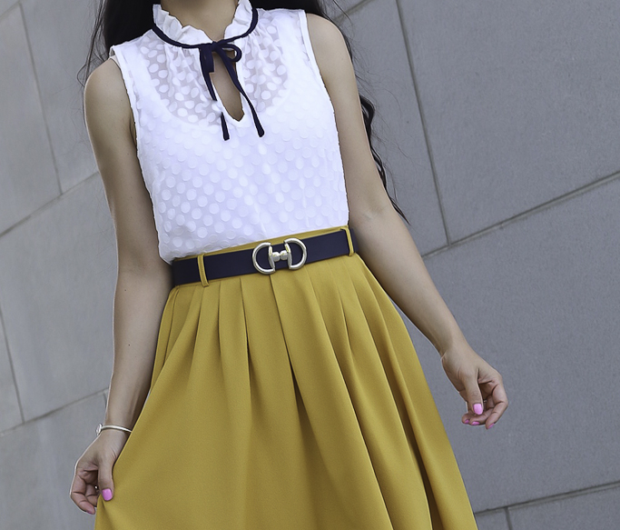 mustard skirt tie neck top reversible belt gingham pumps