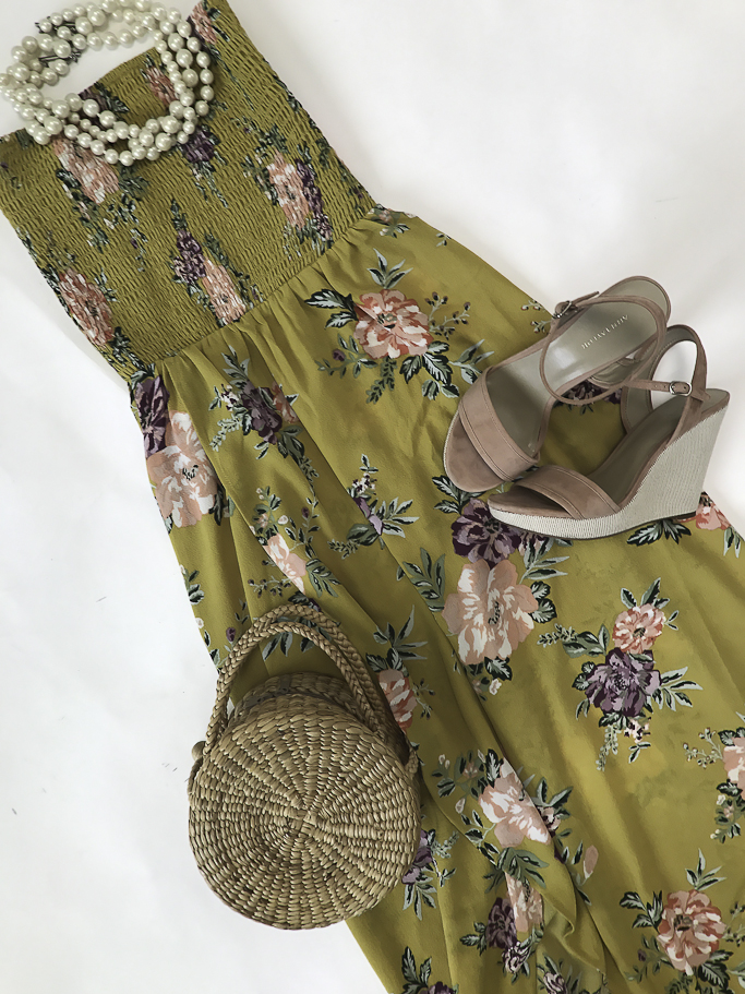 mustard floral maxi dress blush wedge sandals round straw bag