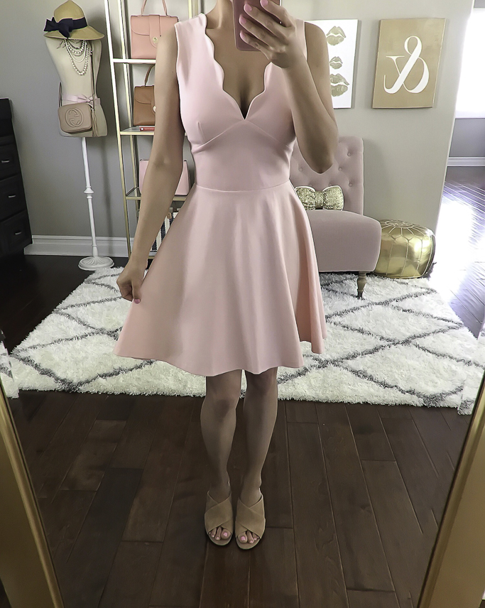 pink scalloped dress summer outfit