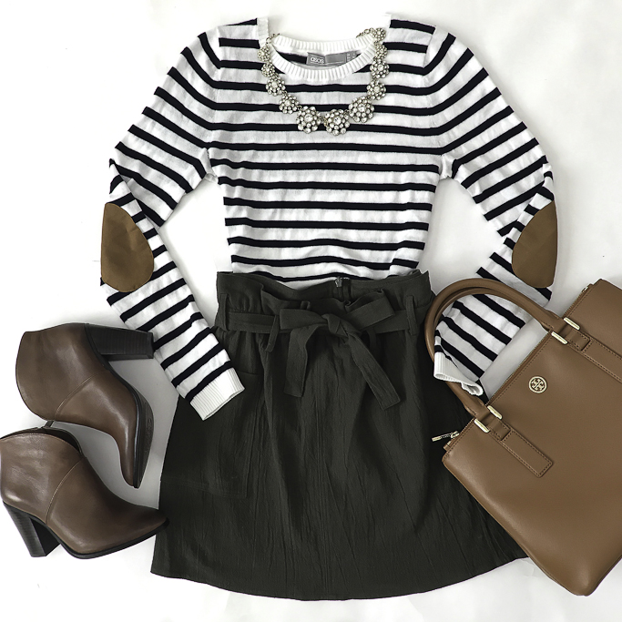 stripe elbow patch sweater paperbag waist skirt cognac booties fall outfit