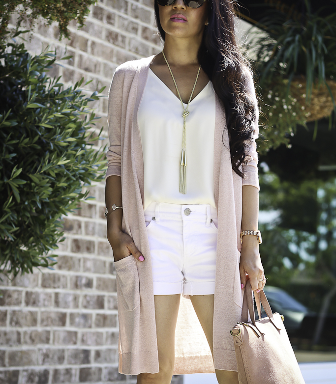 casual summer outfit long cardigan white denim shorts