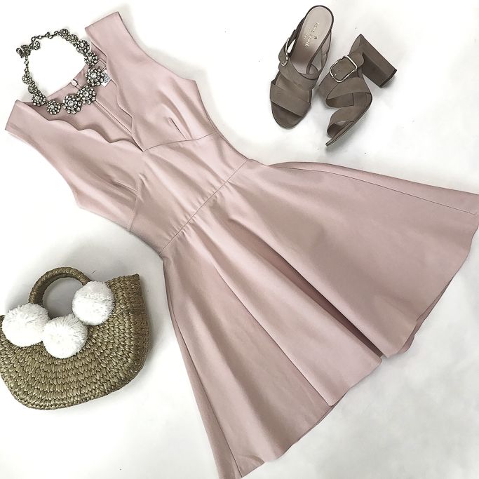 pink scalloped dress summer outfit pom pom straw bag