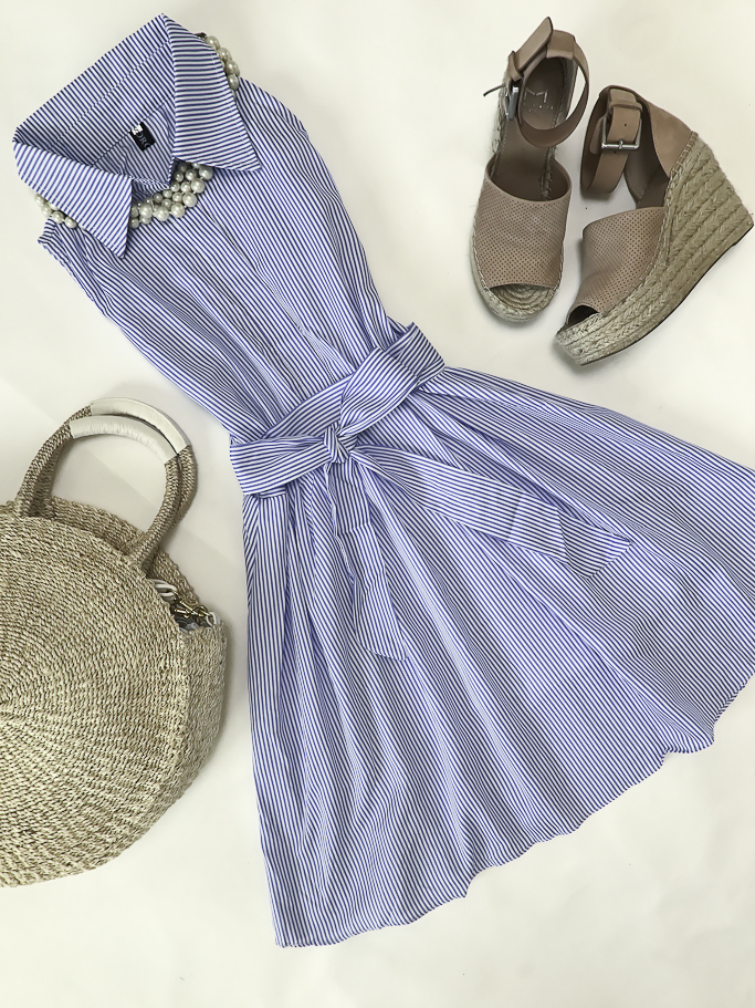 striped blue shirt dress summer outfit blush wedge sandals