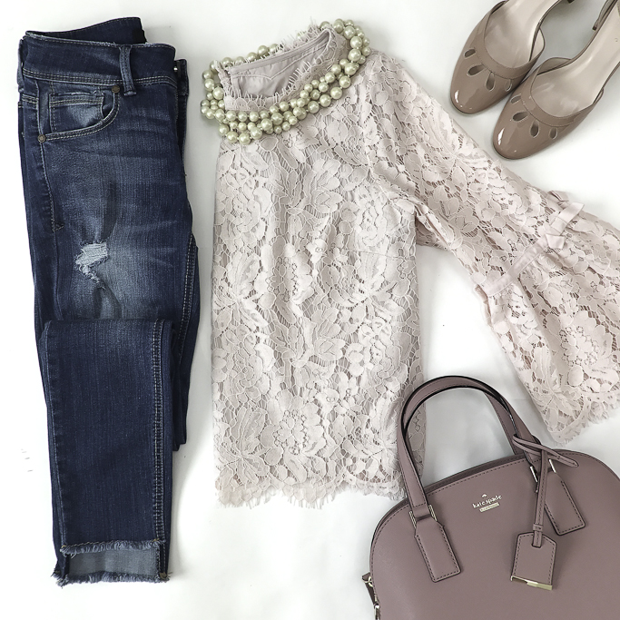 lace bell sleeve top blush purse casual girly outfit