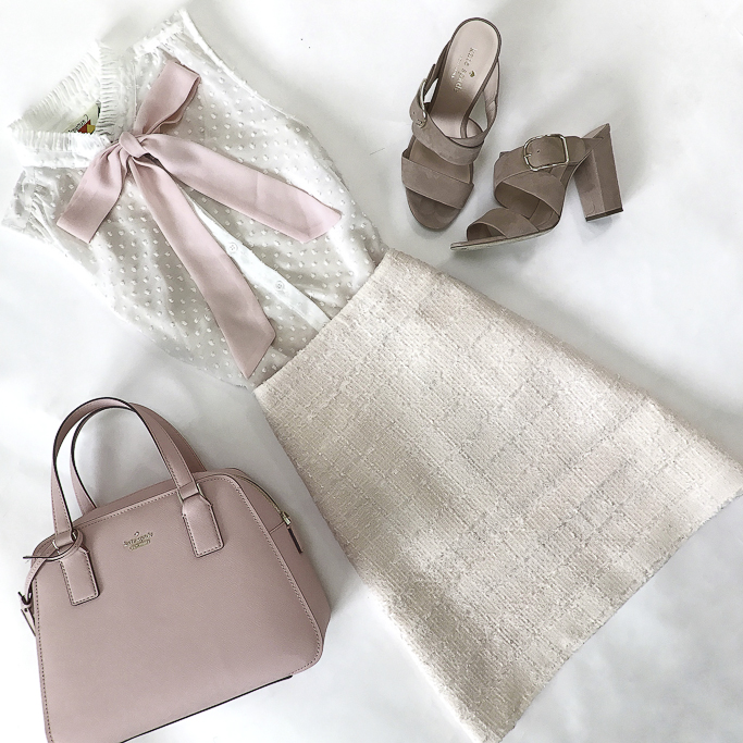 tie neck blouse orchid heels pink purse tweed skirt