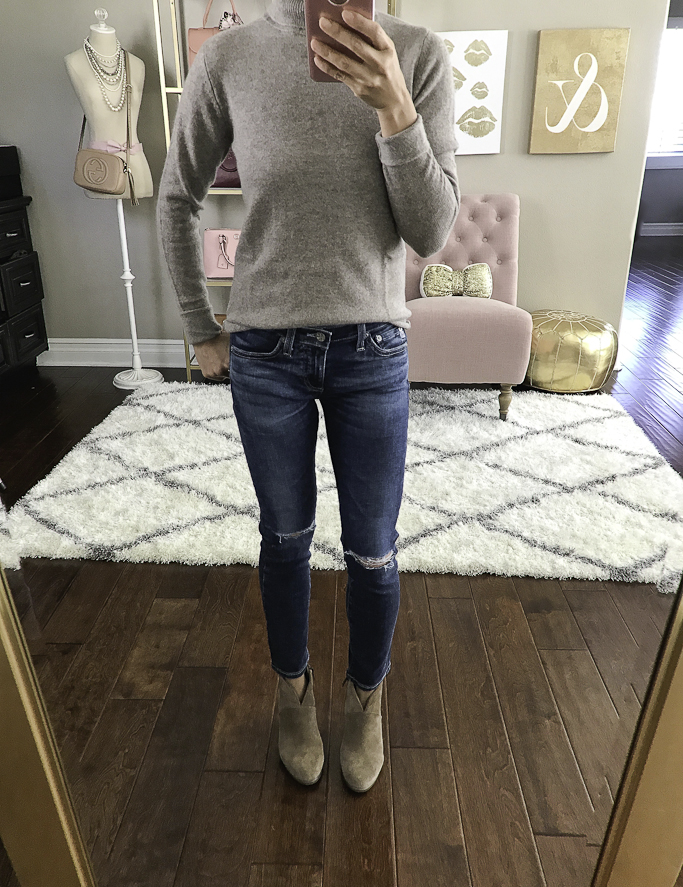 distressed jeans cashmere turtleneck sweater ankle booties fall outfit