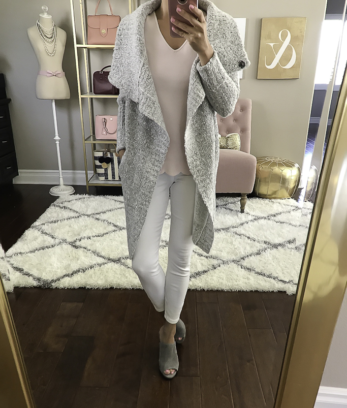 gray drapey cardigan white jeans gray mules fall outfit