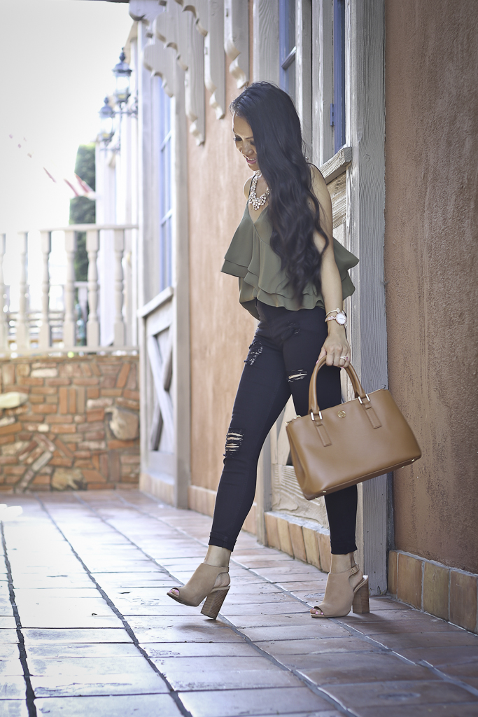 olive green ruffle cami fall outfit idea black distressed jeans