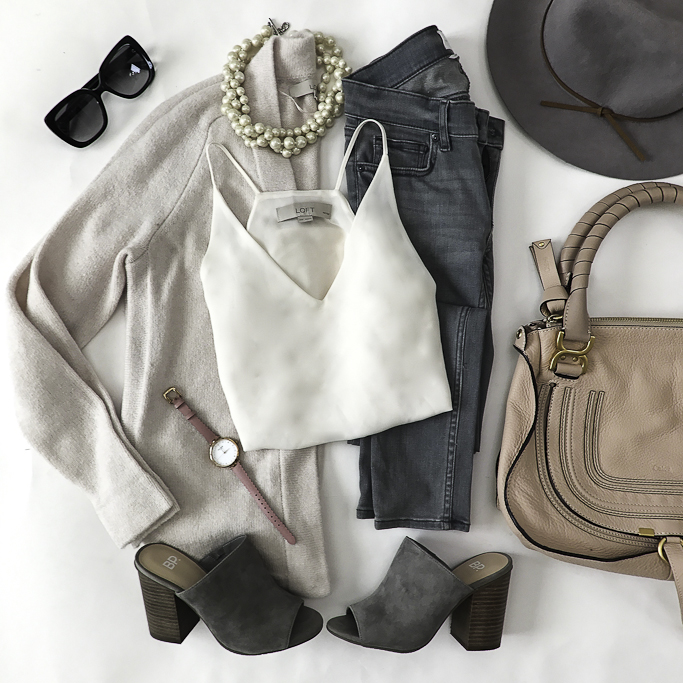 blush cardigan white camisole gray jeans wool hat fall outfit