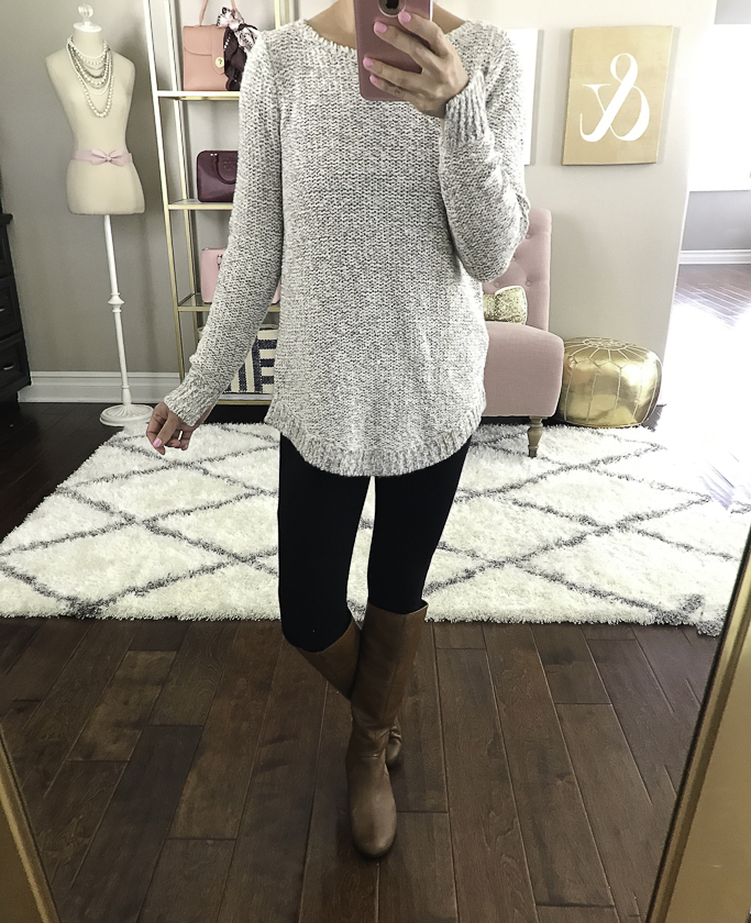 fall outfit idea riding boots black leggings sweater