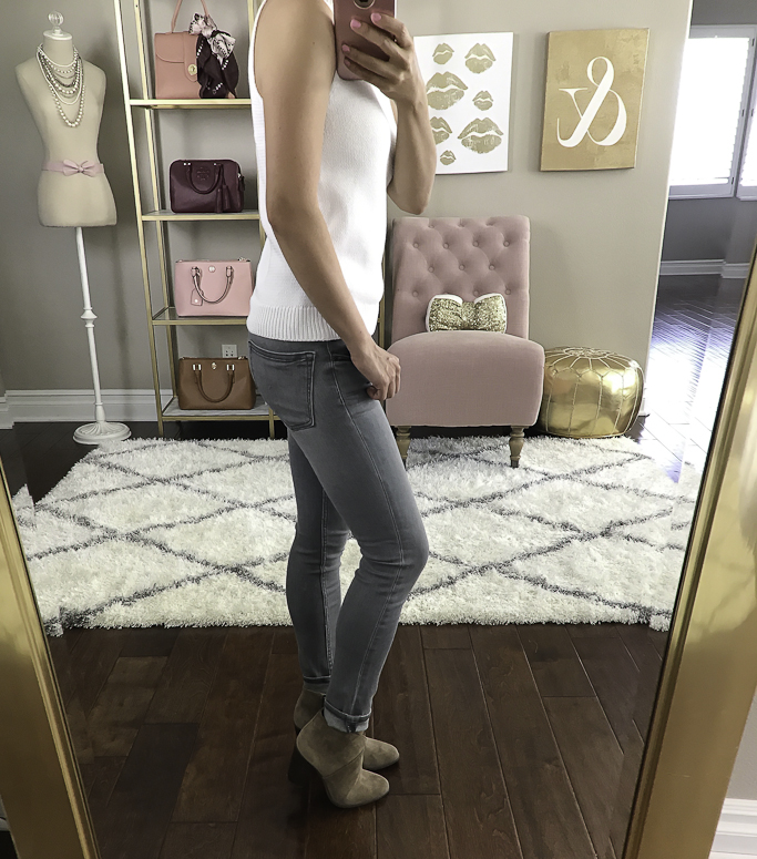 gray jeans review fall outfit petite outfit